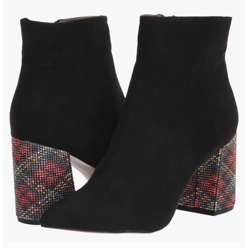 Betsey  Johnson faux suede black Kassie boot plaid gemstone heels sz 5.5 new